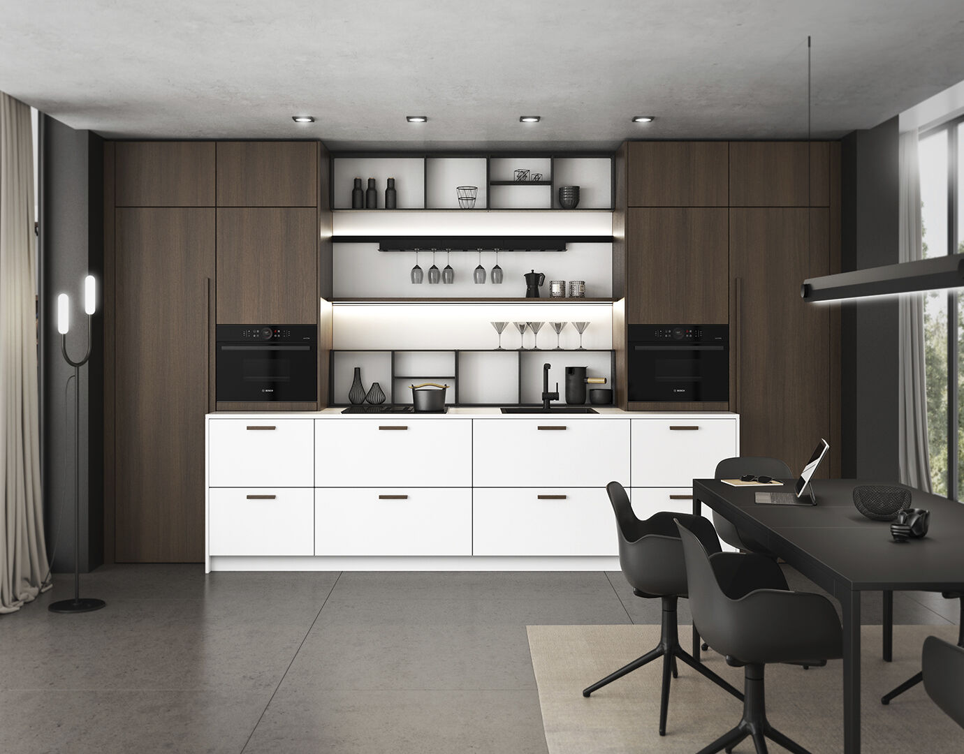 Keuken aan een lange muur, met mooi donker hout