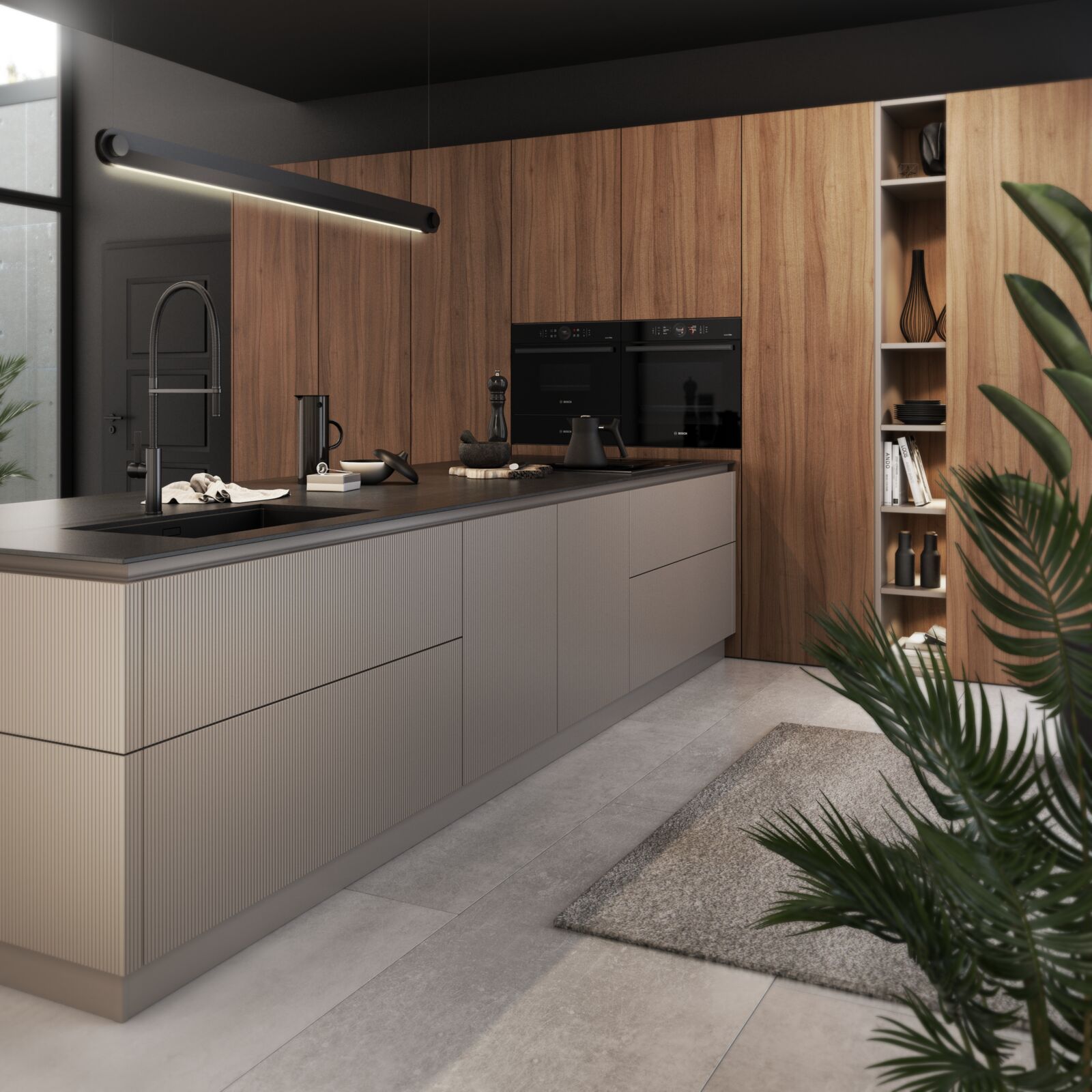 Keuken in moderne sfeer met warme materialen