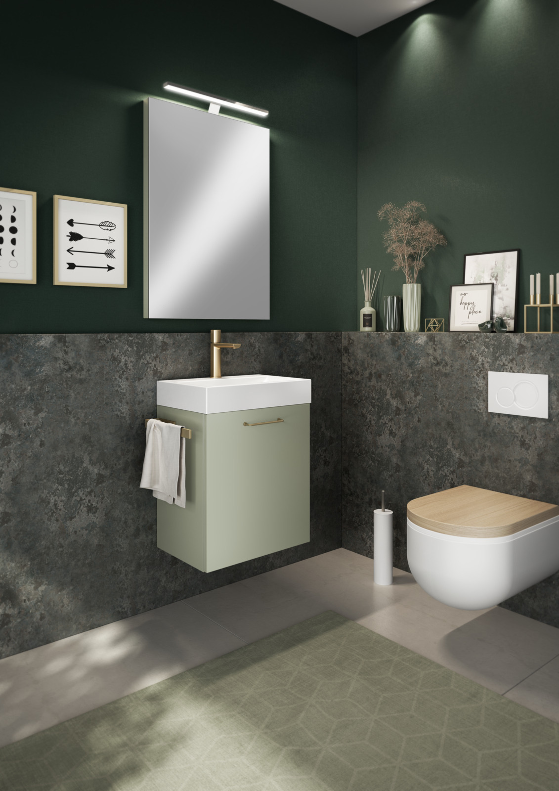 Groene toiletruimte met stijlvolle witte, houten en gouden accenten