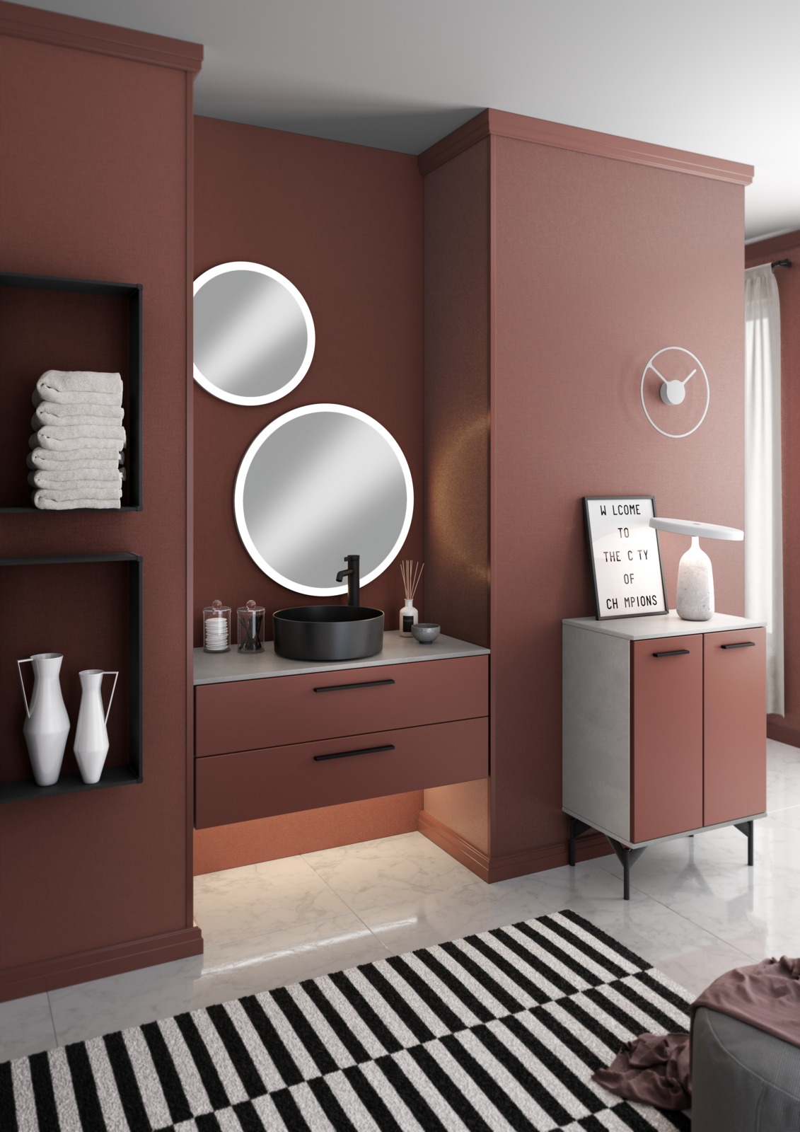 Rood getinte badkamer netjes afgewerkt. Ronde spiegels met lichtrand, badmeubel ingebouwd in muurnis.